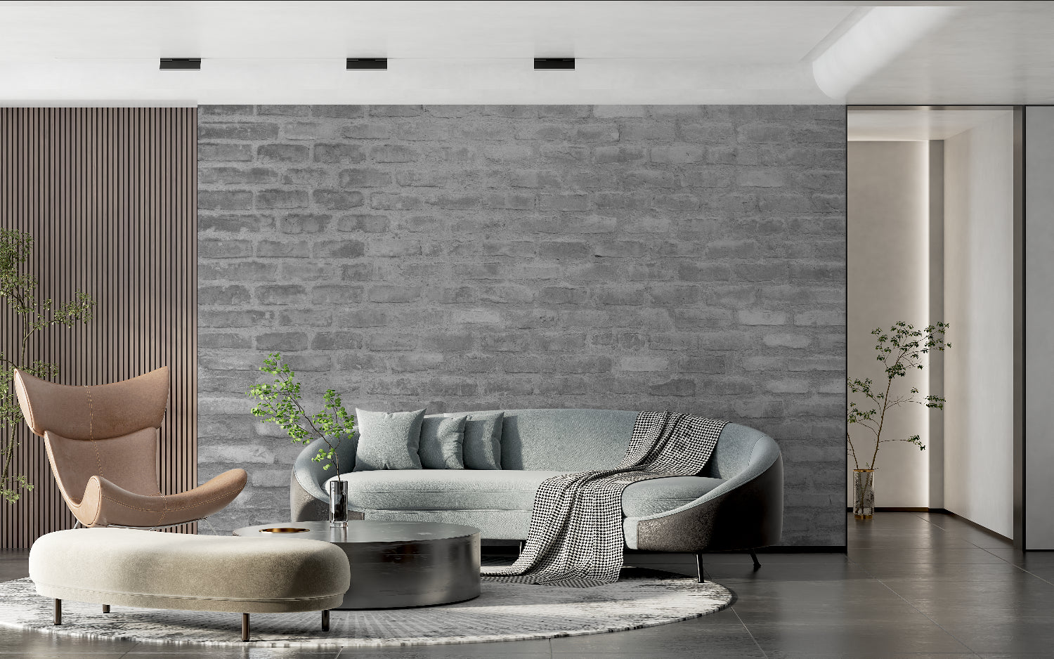 Grey brick mural wallpaper in home office with modern desk and black accents