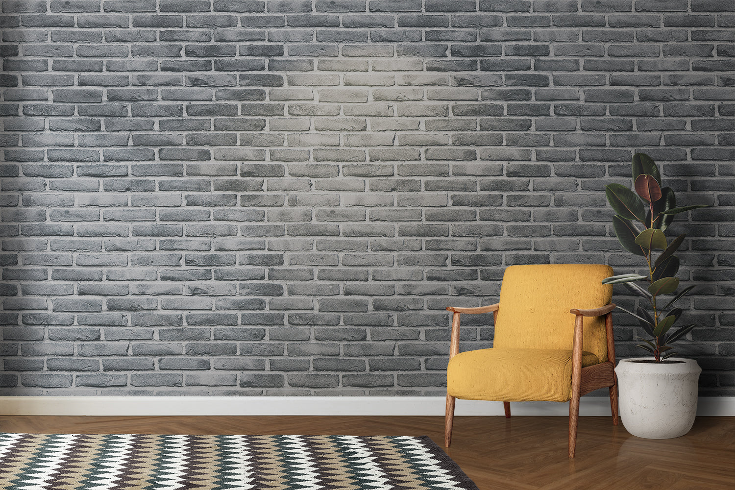 Industrial Grey Brick Wallpaper in modern living room with minimal furniture and large windows