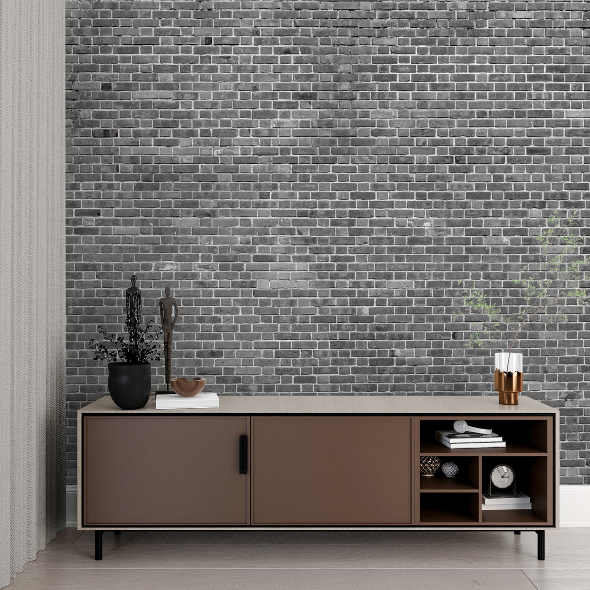 Grey brick wallpaper in modern living room with minimalist furniture