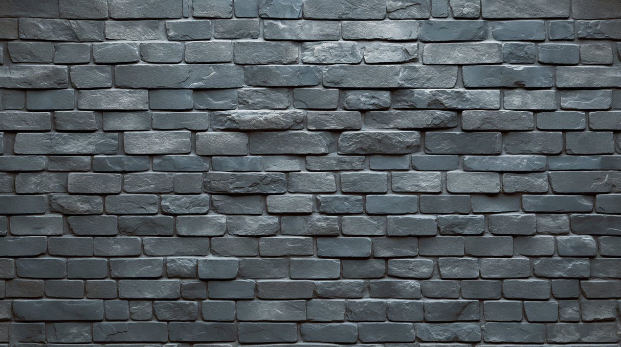 Grey brick mural wallpaper creating an industrial look in a modern living room with leather sofa