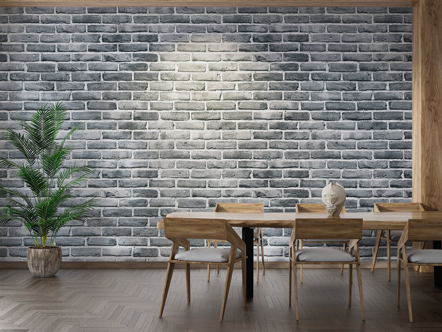 Grey Brick Wall Mural in restaurant setting with warm lighting and wooden furniture