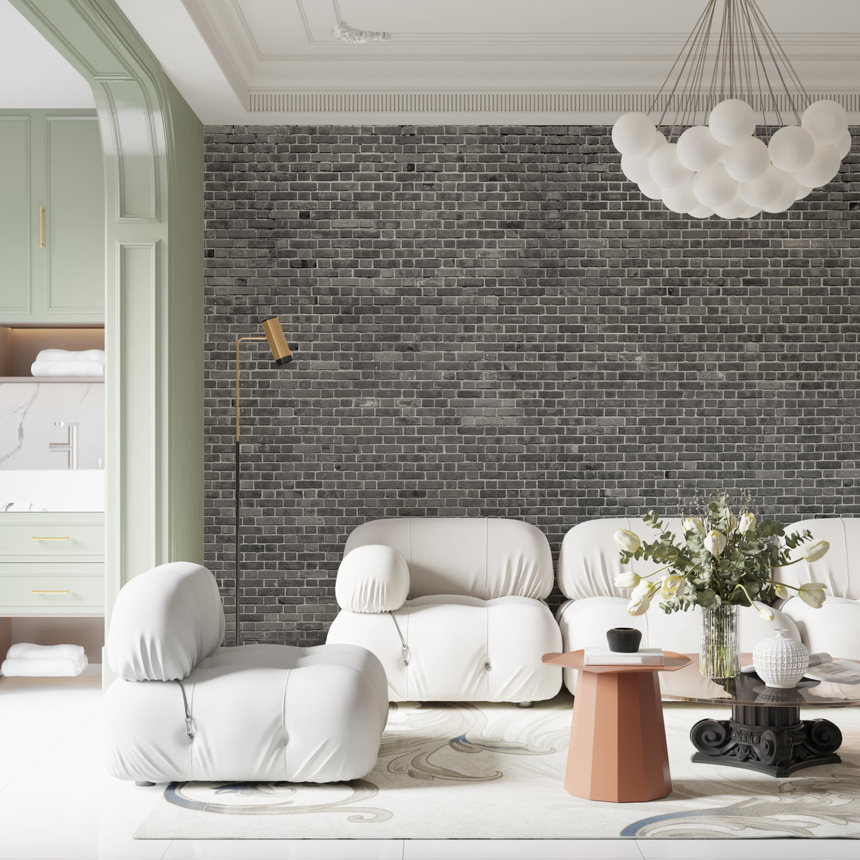 Brick effect wallpaper in urban style bedroom