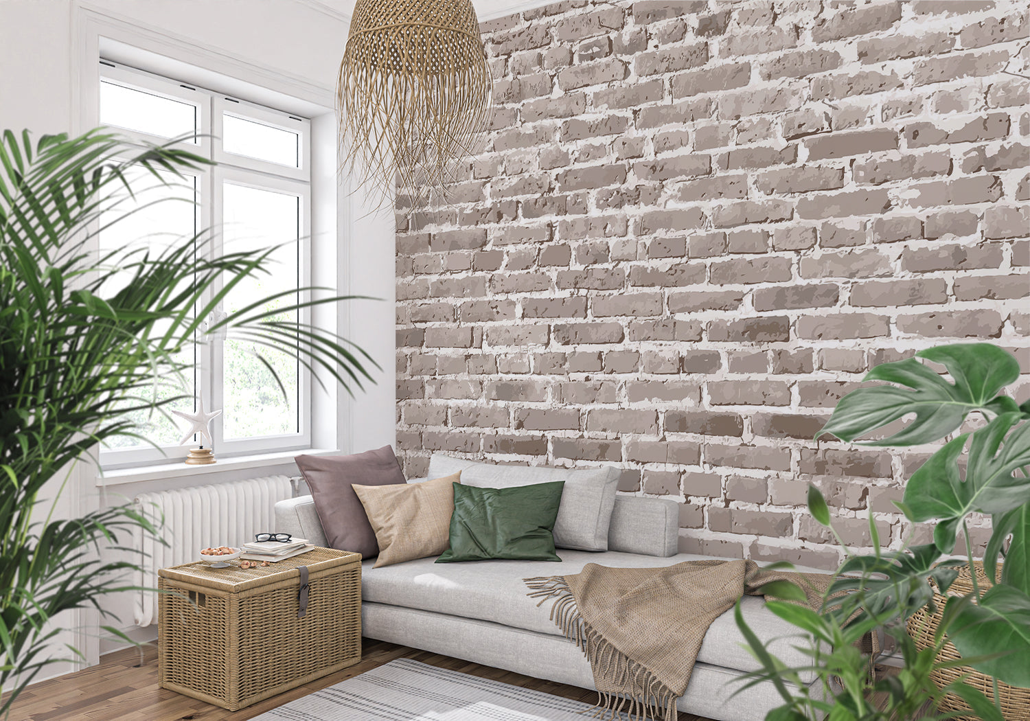 Modern grey brick wallpaper in contemporary living room with leather sofa and metal accents