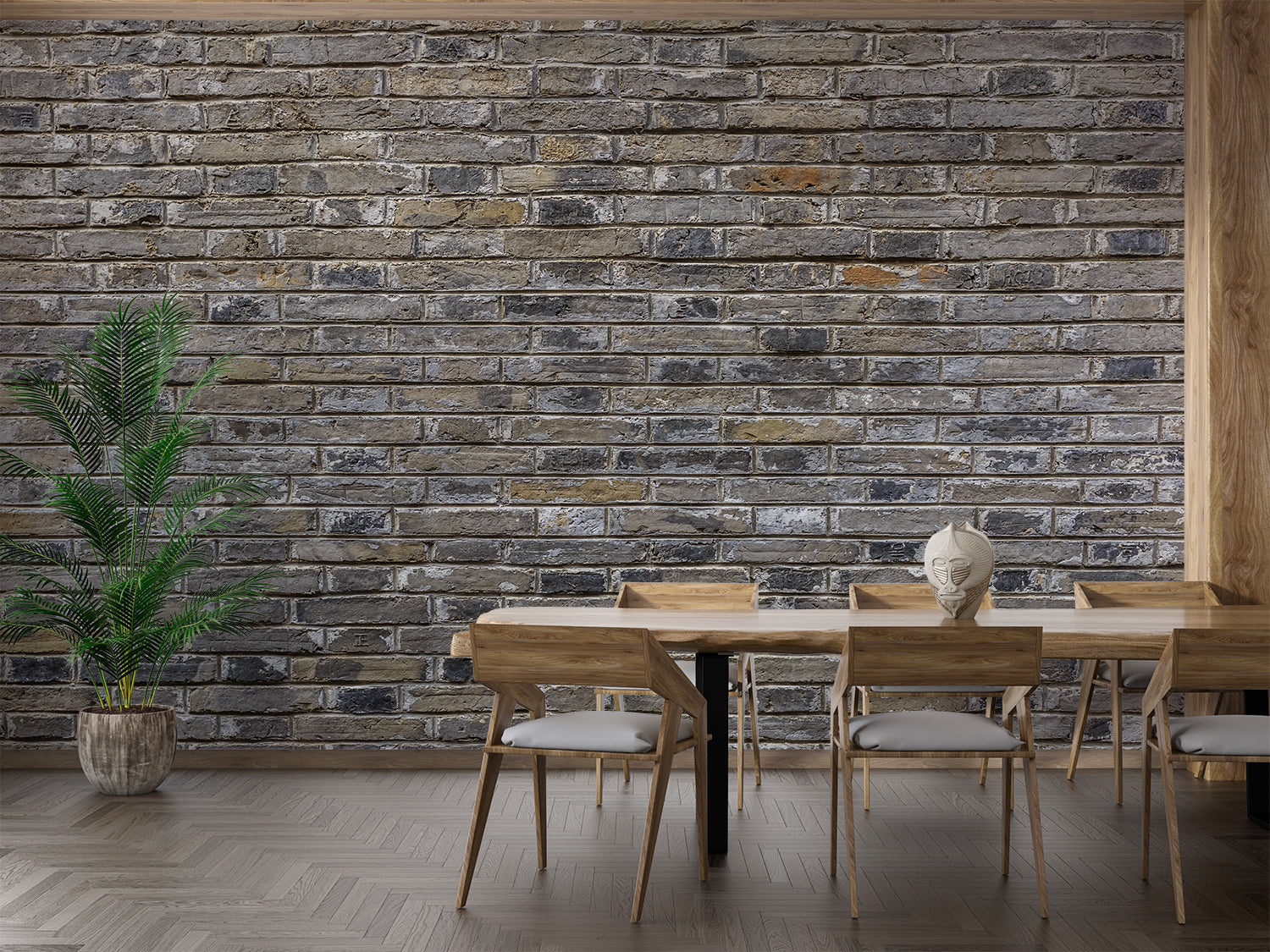 Industrial brick mural wallpaper in home office with minimalist decor