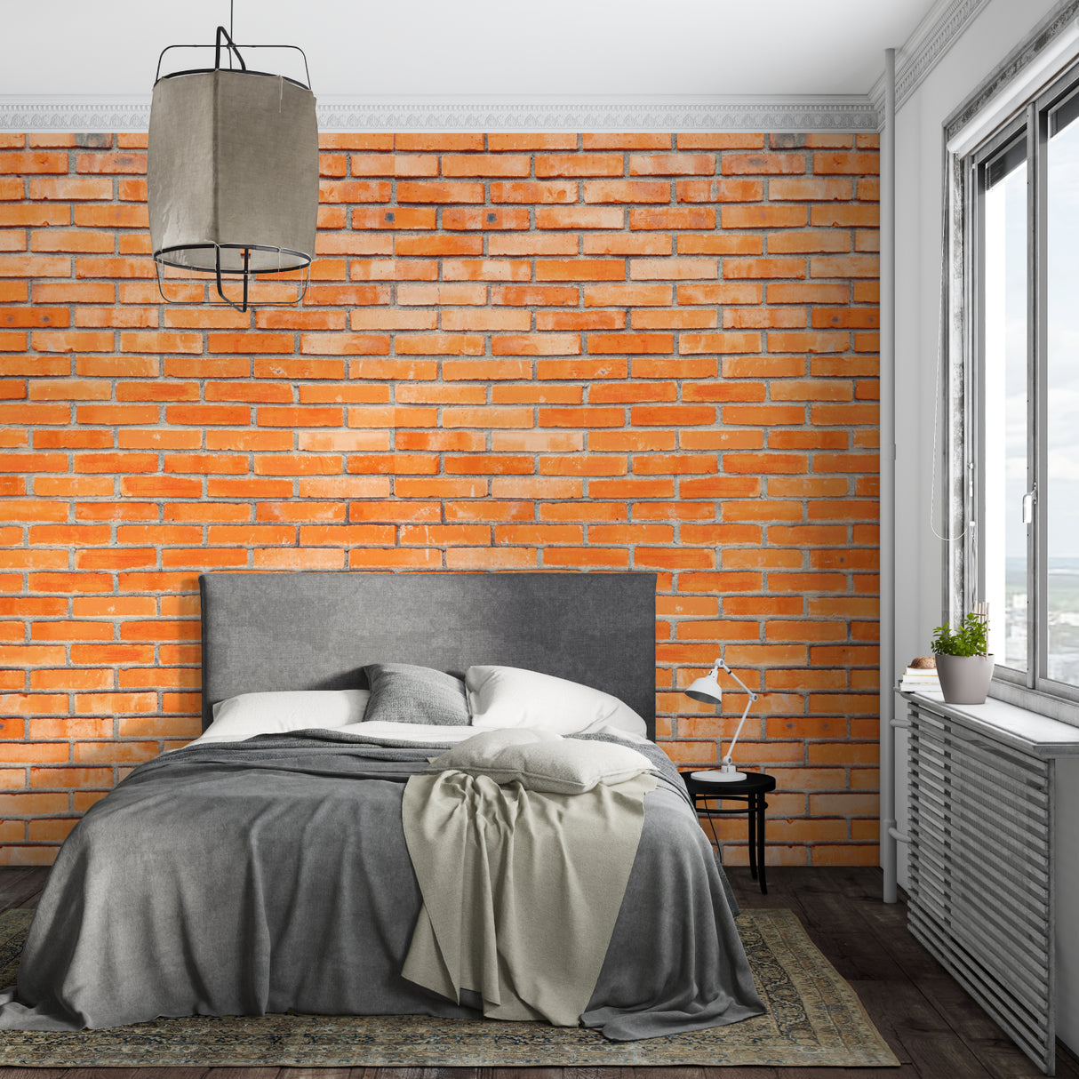 Orange brick wallpaper in modern living room creating urban industrial atmosphere