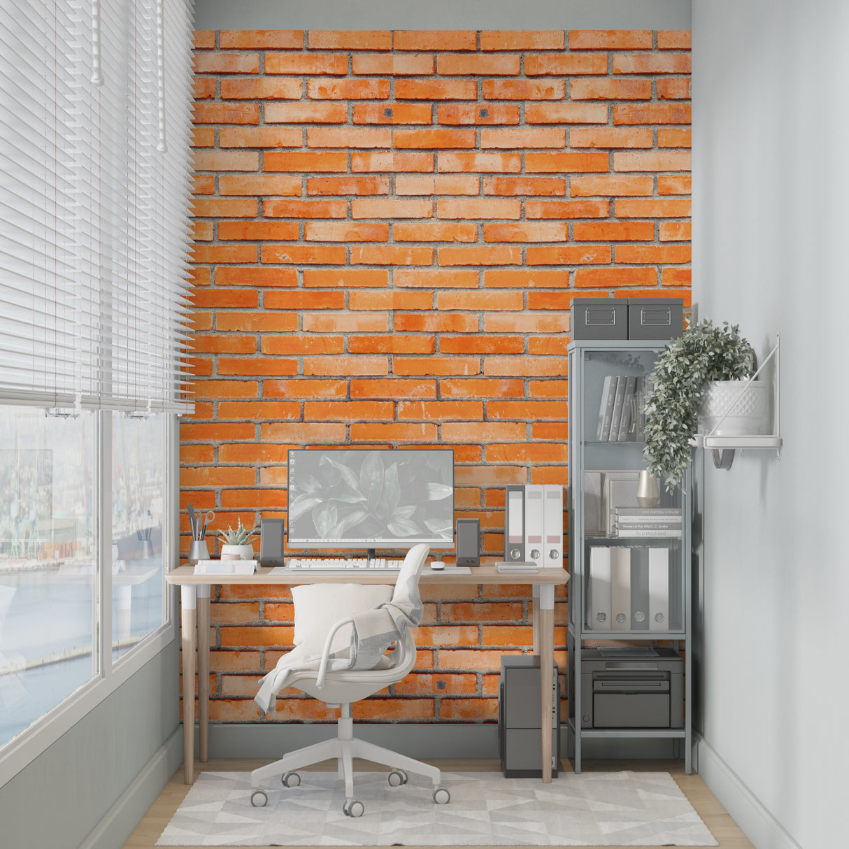 Industrial brick wall mural showcased in contemporary office space