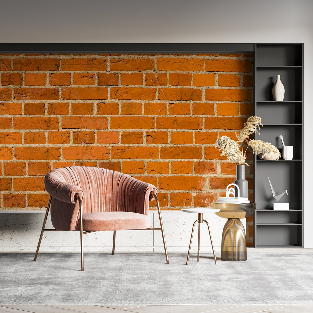Terracotta brick mural wallpaper in home office with minimalist furniture