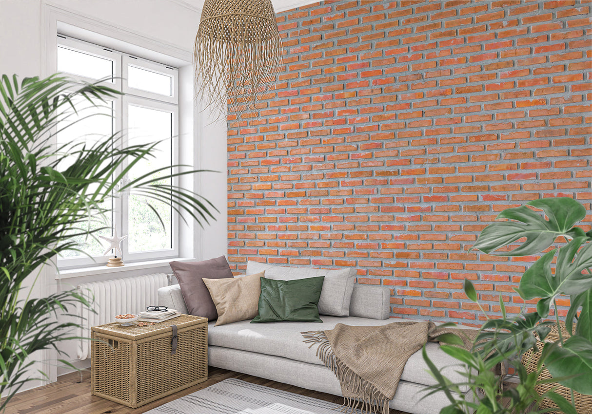 Red brick wallpaper in modern loft living room with high ceilings and industrial furniture