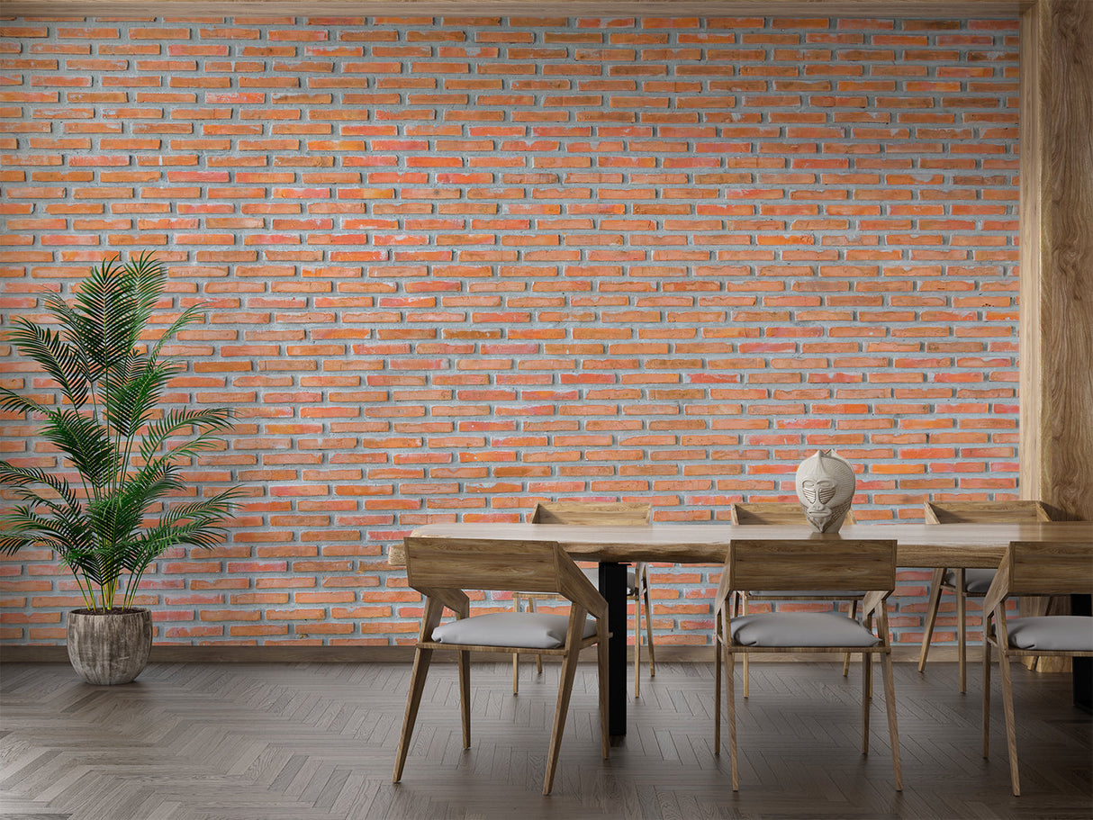 Red brick accent wall mural in minimalist dining room setting