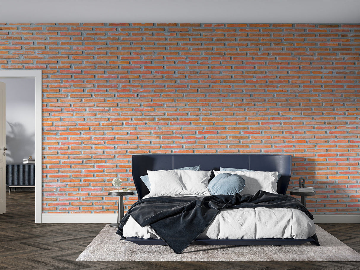 Textured brick wallpaper detail in home office with urban decor
