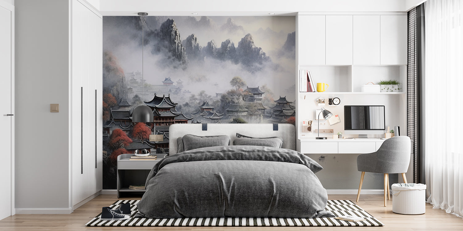 Industrial brick wallpaper creating depth in bedroom with minimal decor