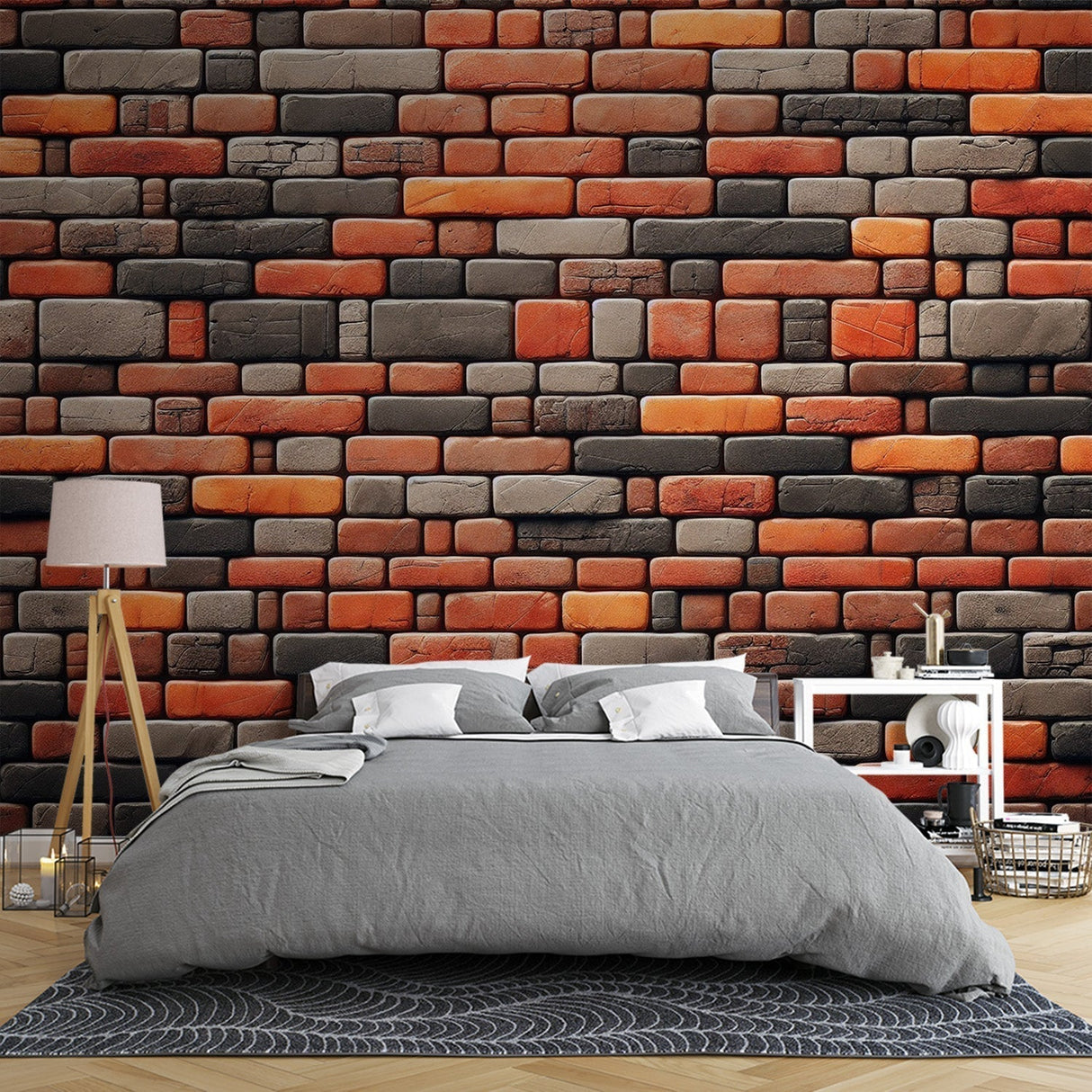 Red brick wall mural creating a cozy atmosphere in a modern living room with grey furniture and natural light