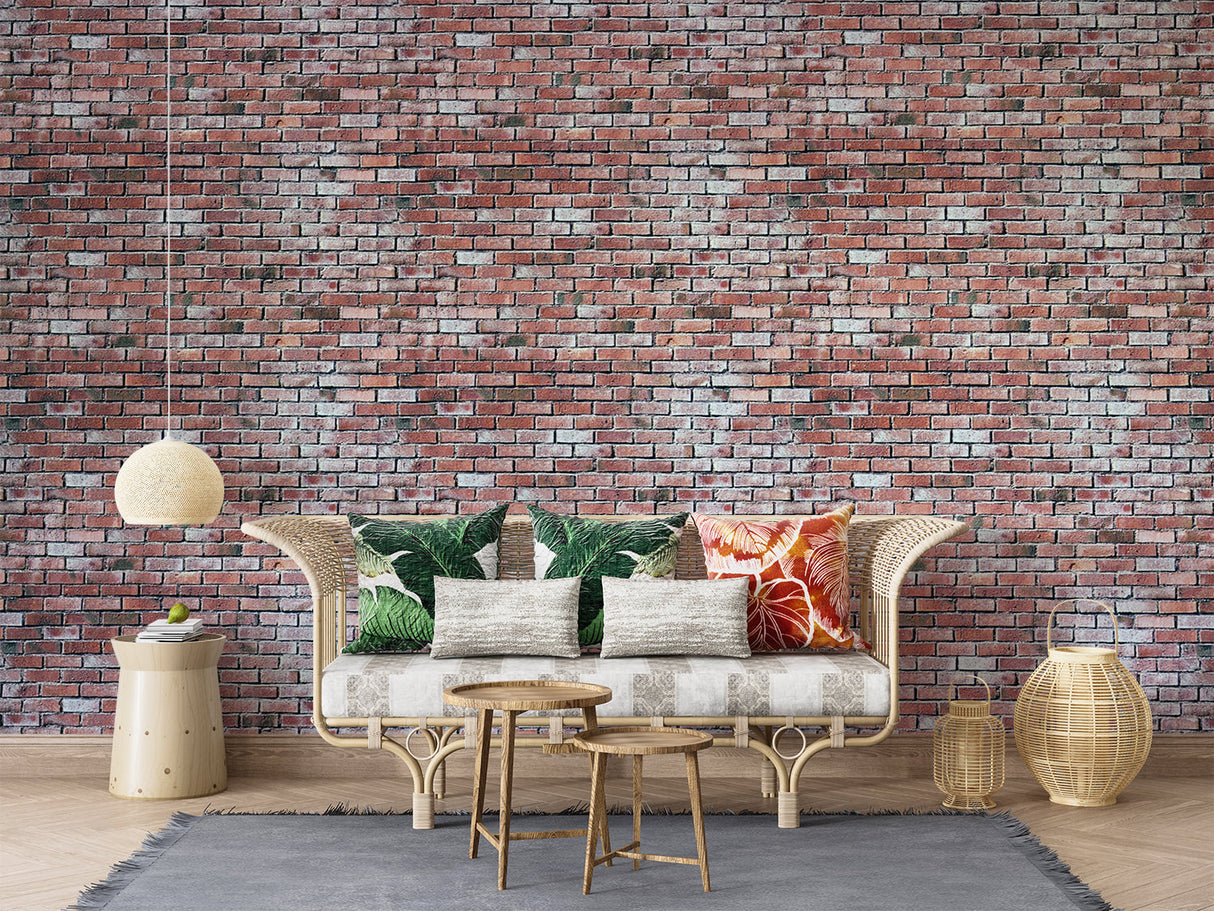 Industrial brick wall mural transforming a minimalist dining room with metal fixtures