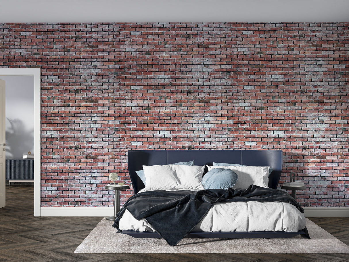 Red and white brick mural wallpaper showcased in a contemporary kitchen setting