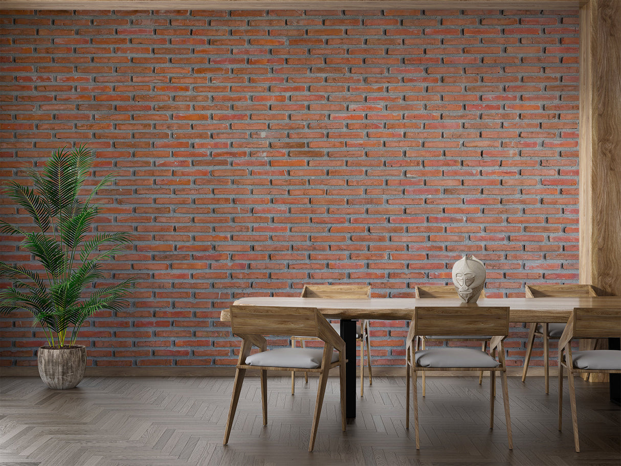 Industrial brick wallpaper creating accent wall in minimalist dining room