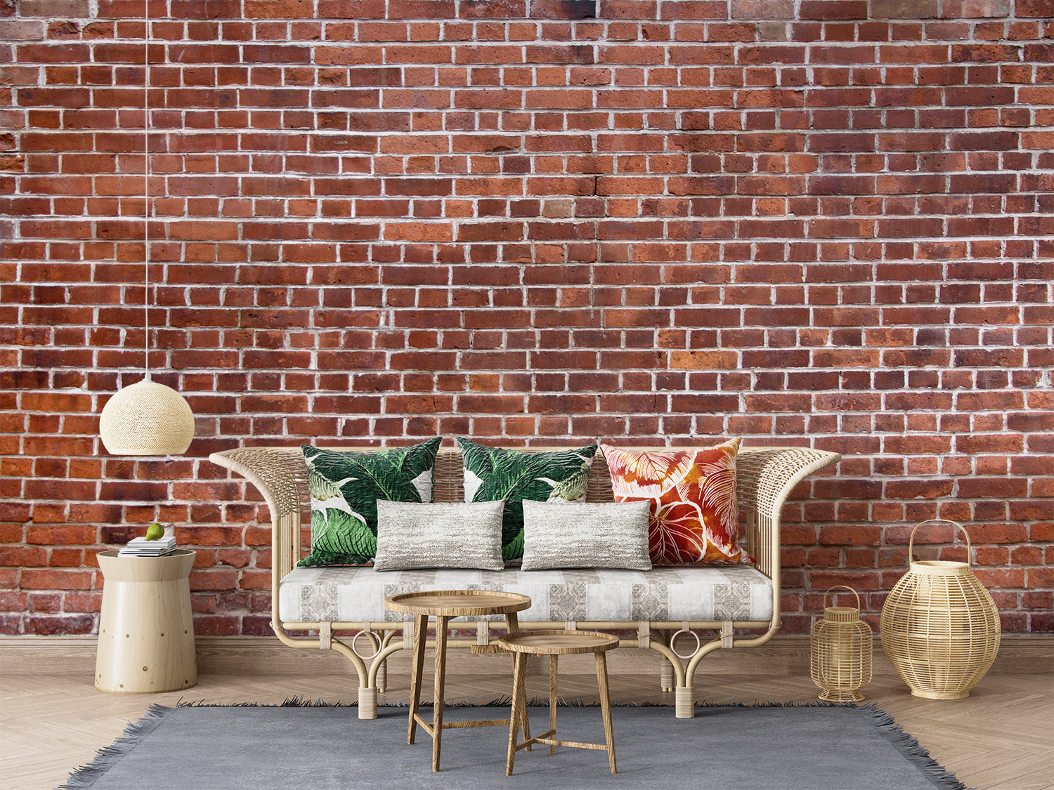 Industrial brick wallpaper creating urban loft atmosphere in dining space