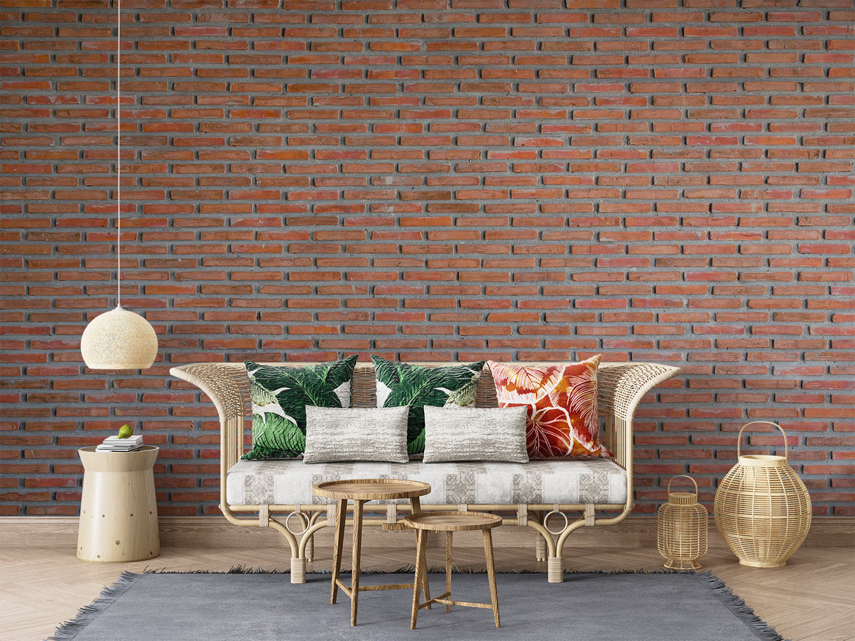 Brick effect wallpaper in urban loft kitchen with stainless steel appliances
