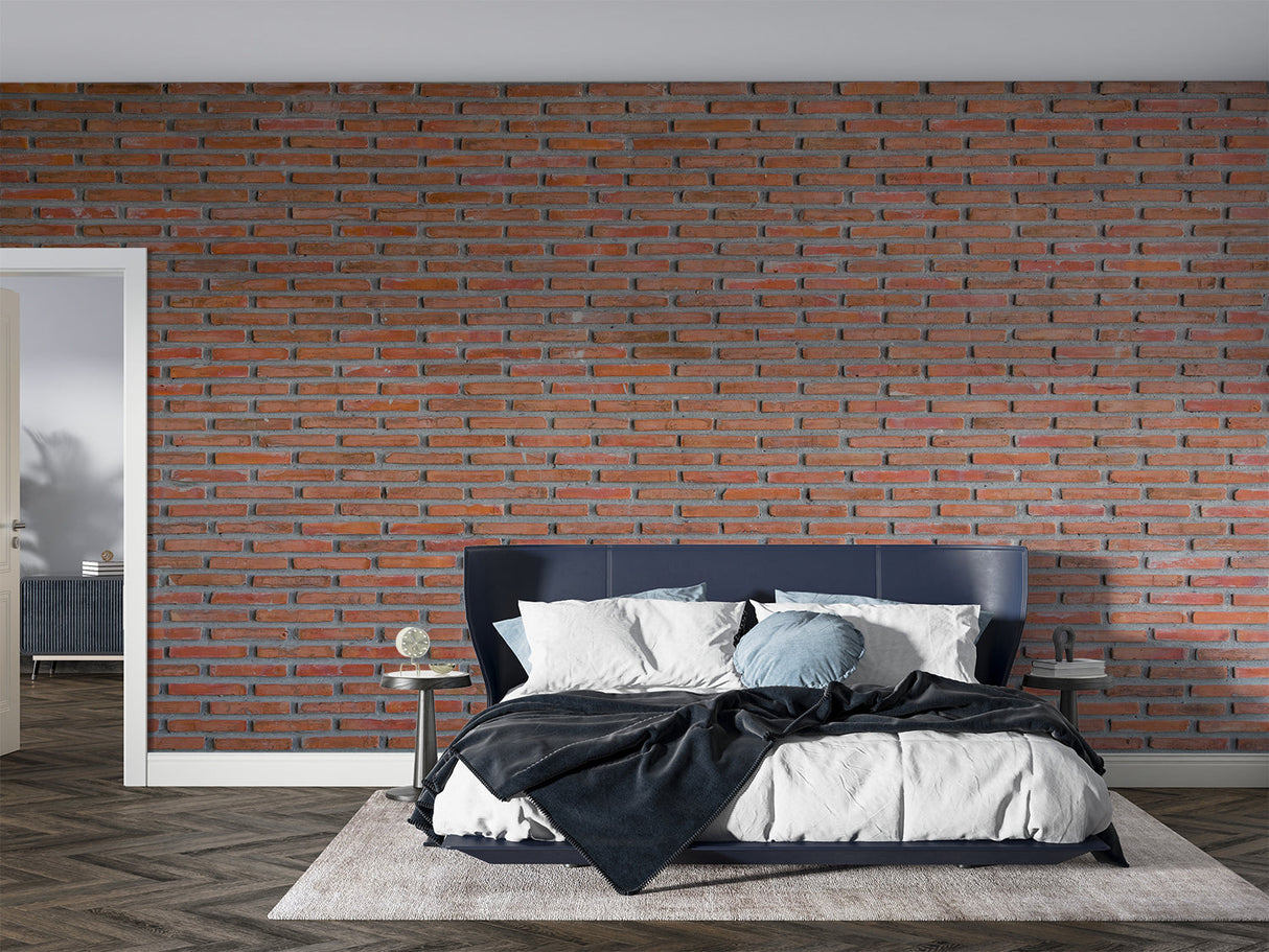 Brick wall mural creating industrial atmosphere in contemporary bedroom