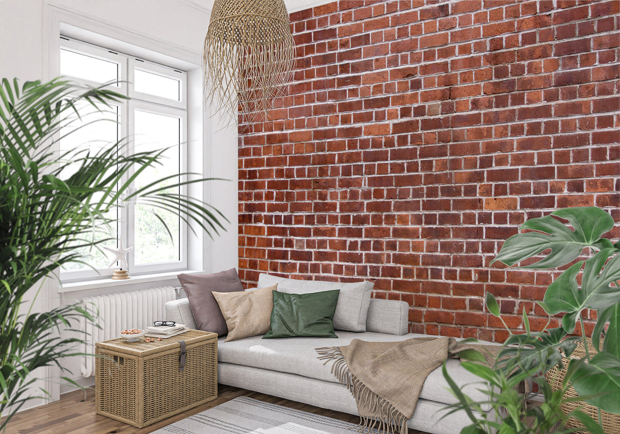Brick wall mural creating statement backdrop in contemporary kitchen