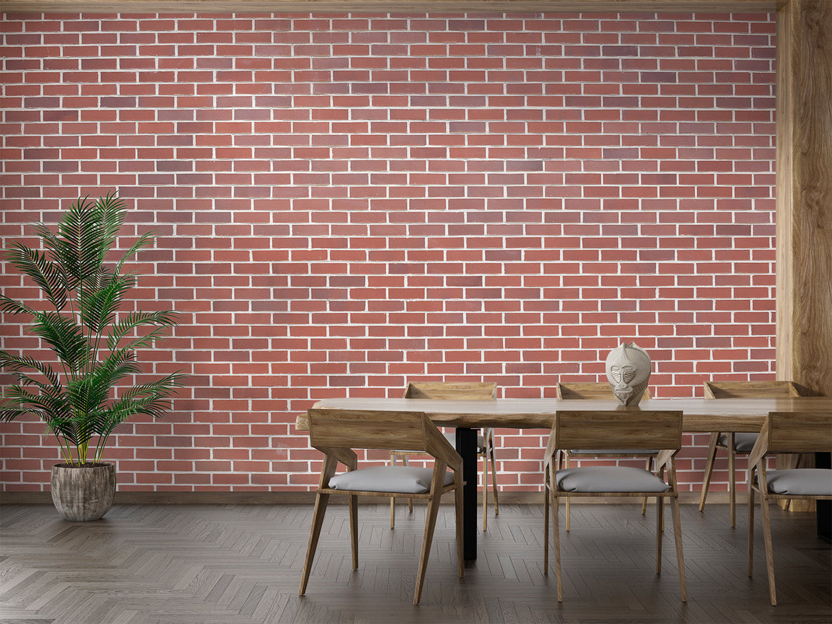 Industrial brick wall mural creating a cozy atmosphere in a minimalist dining space