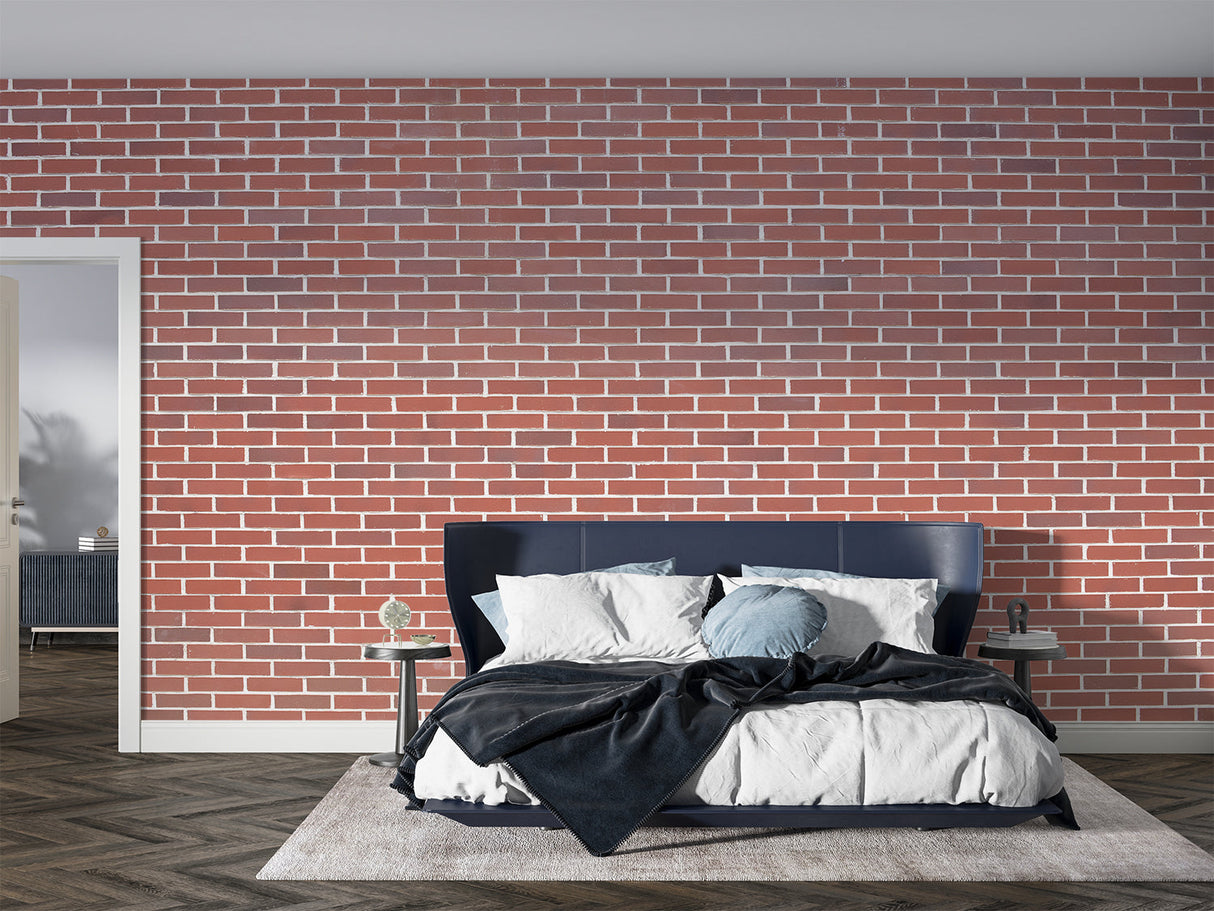 Red clay brick wallpaper transforming a home office with urban style