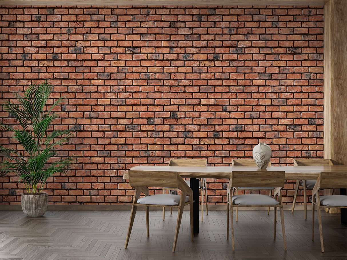 Red brick wallpaper in modern living room showing natural texture and depth