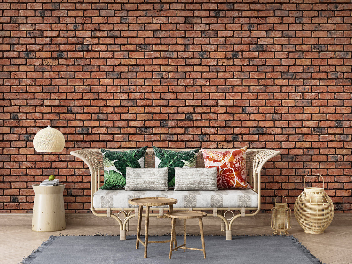Industrial brick wall mural creating urban feel in dining space