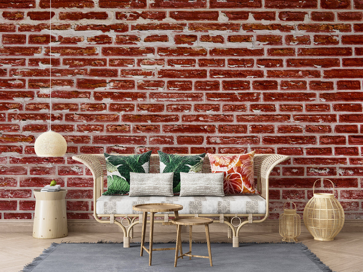 Red brick wallpaper creating industrial charm in modern living room with grey sofa and metal accents