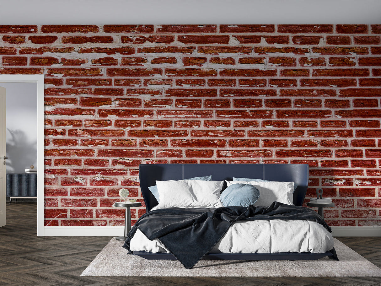 Red brick wallpaper feature wall in urban style bedroom with metal bed frame