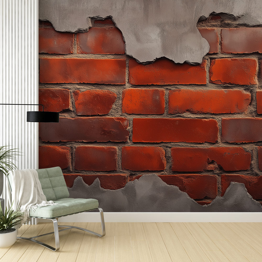 Industrial red brick wallpaper mural creating a stunning feature wall in a modern loft living room with high ceilings