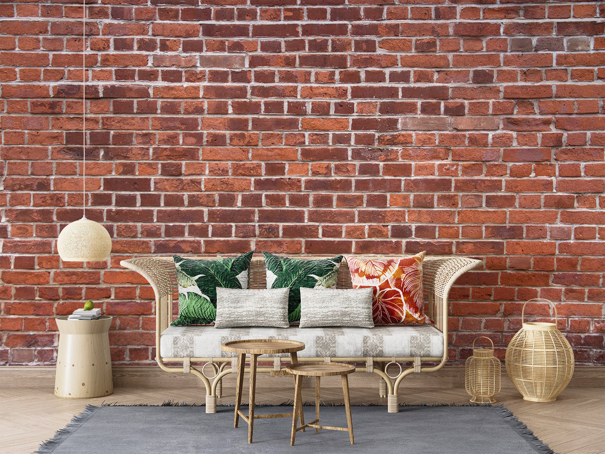Industrial brick wall mural featured in contemporary kitchen with metal accents