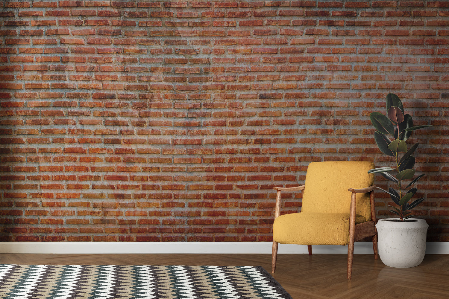 Red brick mural wallpaper in urban style kitchen with metal fixtures