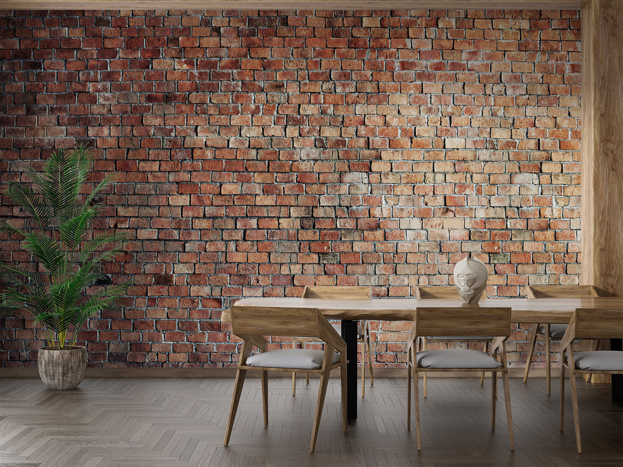 Industrial brick effect wallpaper in contemporary dining room setting