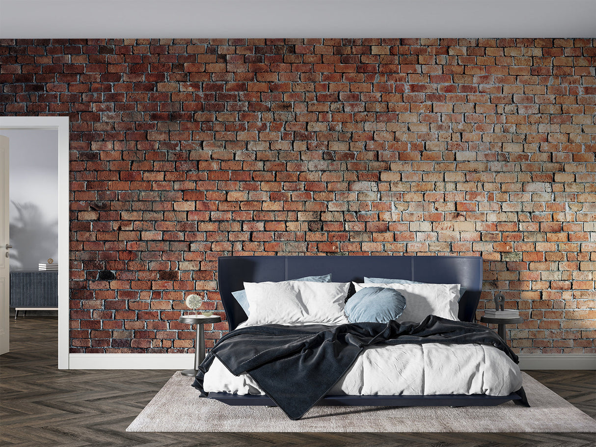 Red brick wallpaper in home office with modern furniture