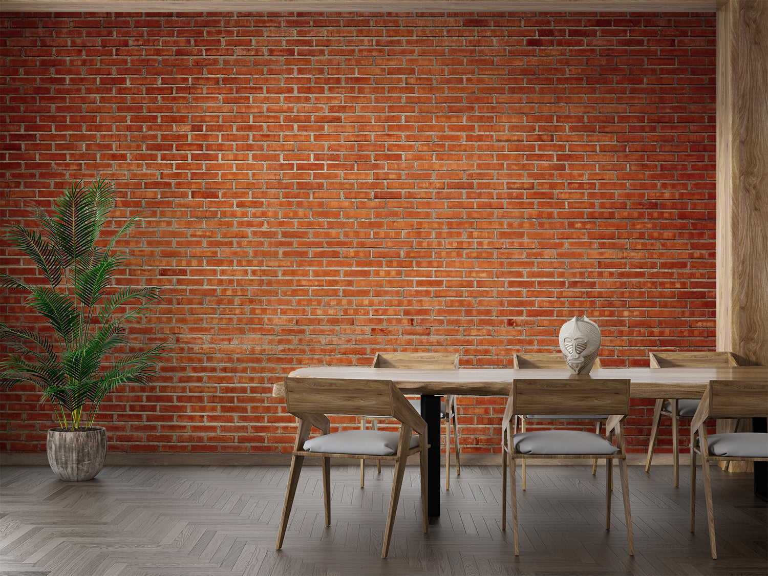 Red brick wallpaper adding warmth to minimalist home office space