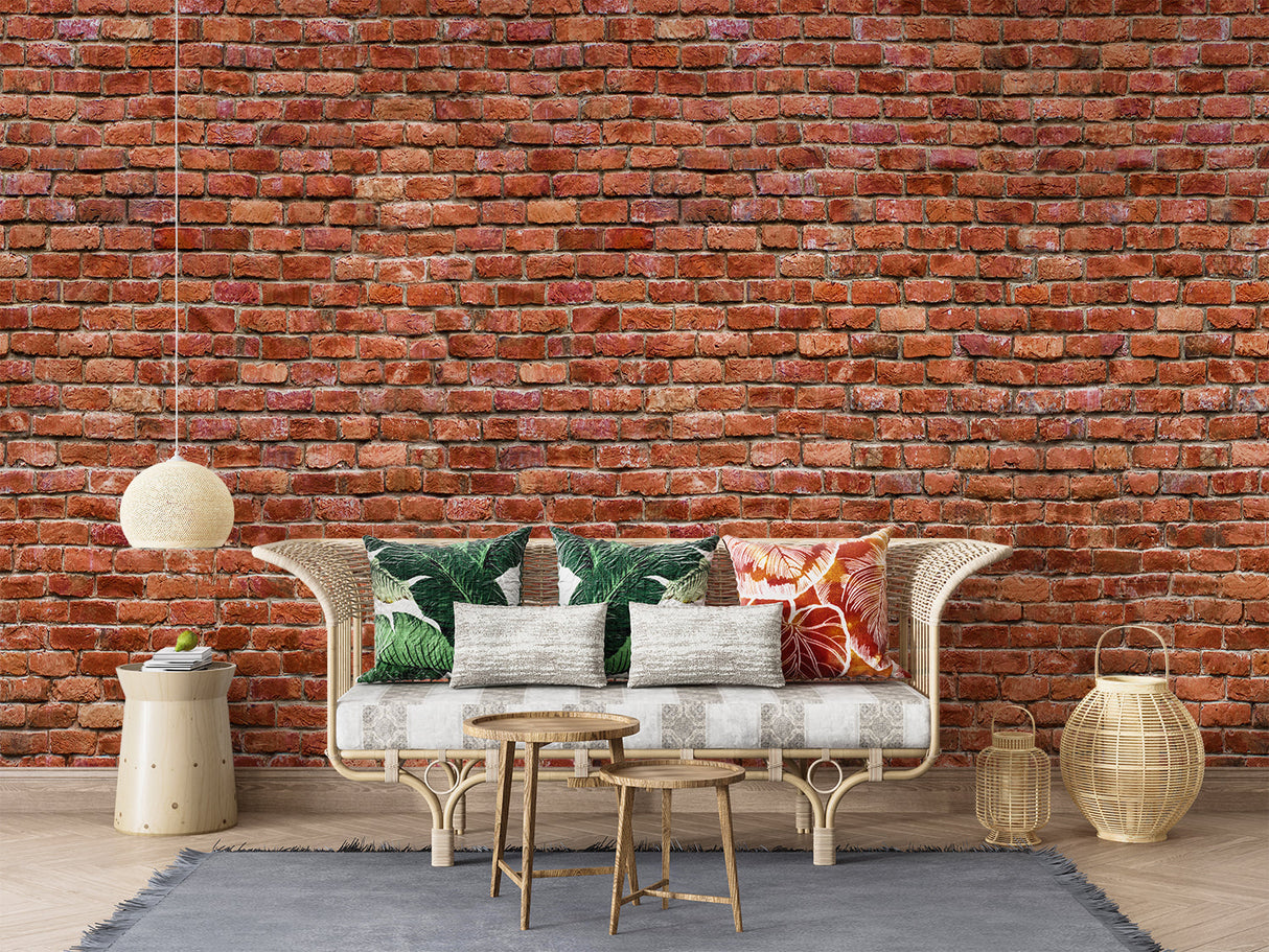 Industrial brick wall mural in trendy coffee shop setting