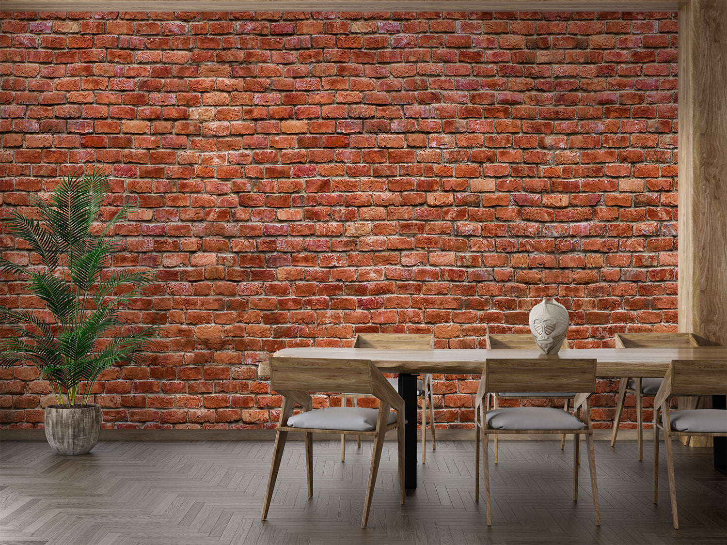 Exposed brick wallpaper adding character to home office space