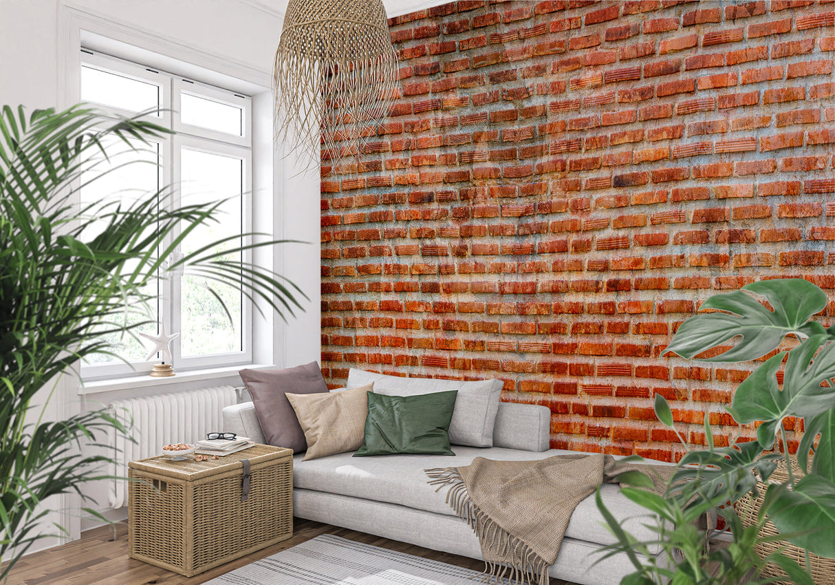 Industrial brick wallpaper creating a cozy atmosphere in modern living room with grey sofa