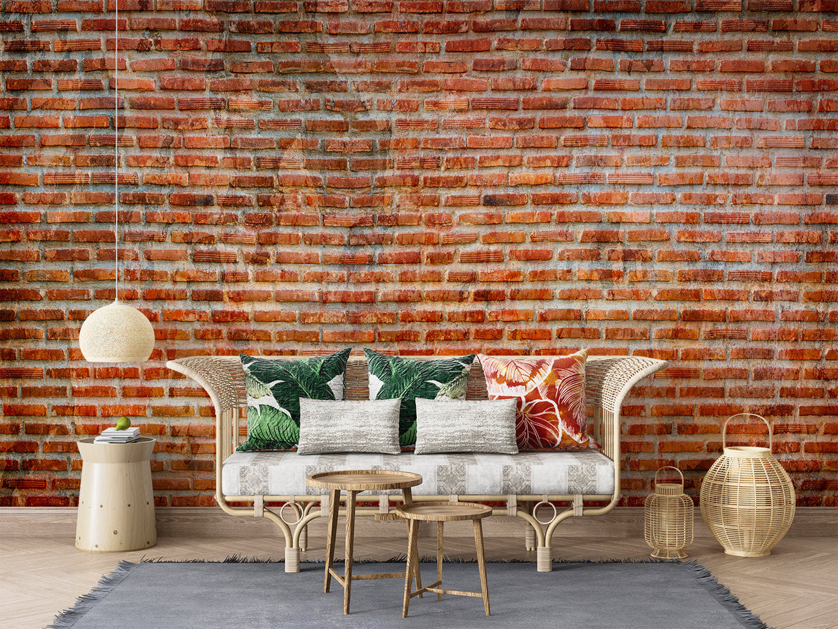 Red brick wall mural adding warmth to industrial style dining room
