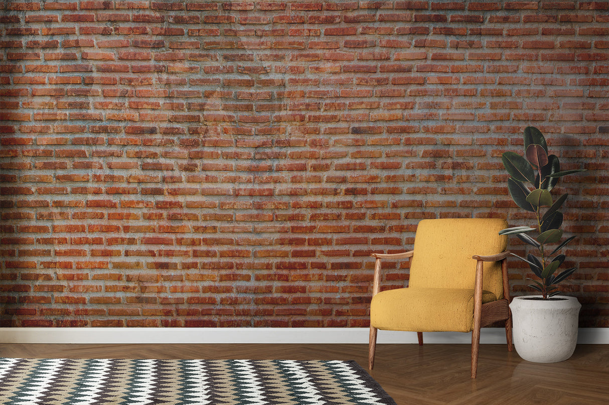 Industrial brick mural creating statement wall in contemporary bedroom