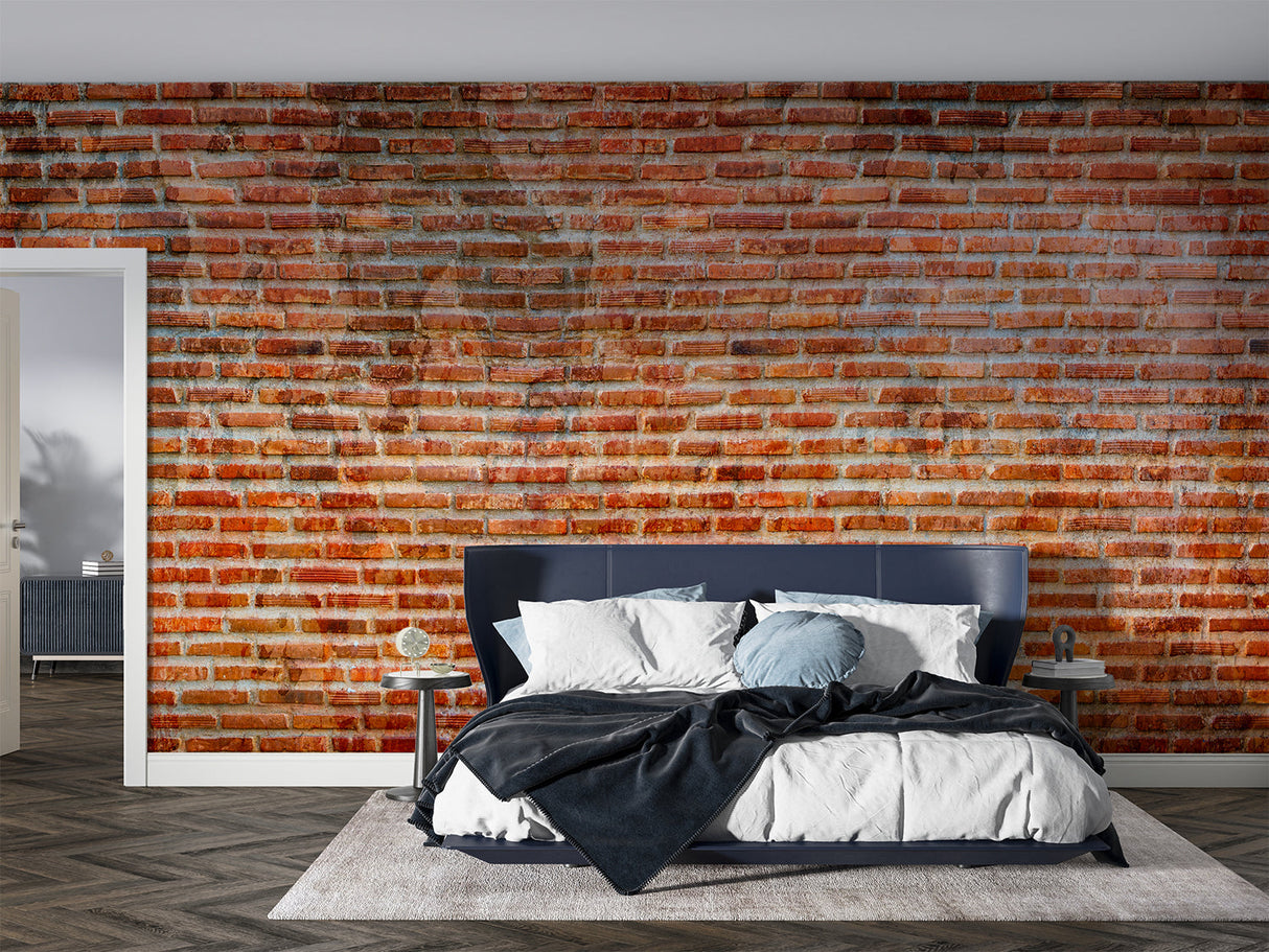 Red brick wallpaper adding character to modern kitchen feature wall