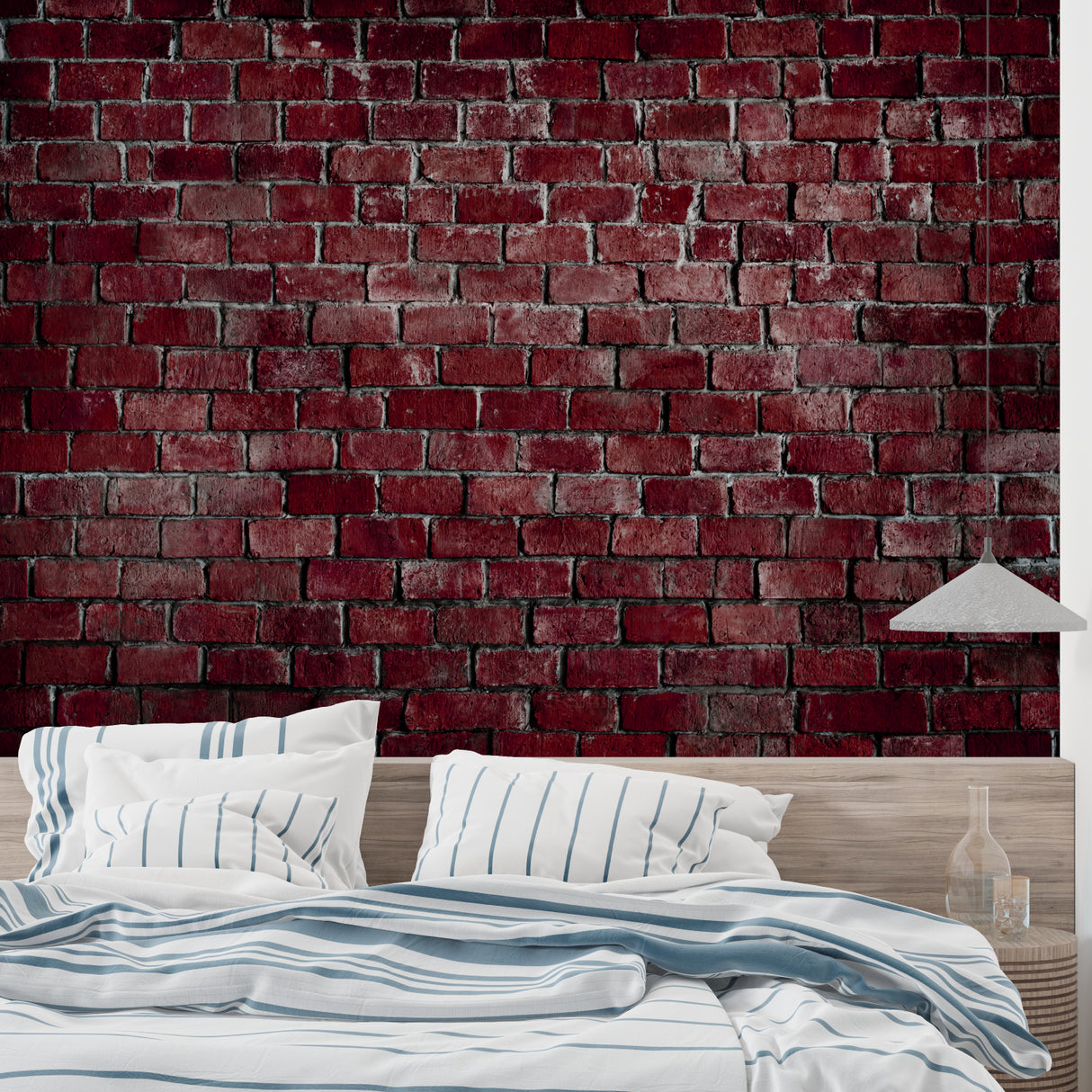 Red brick wallpaper in modern living room showing depth and texture