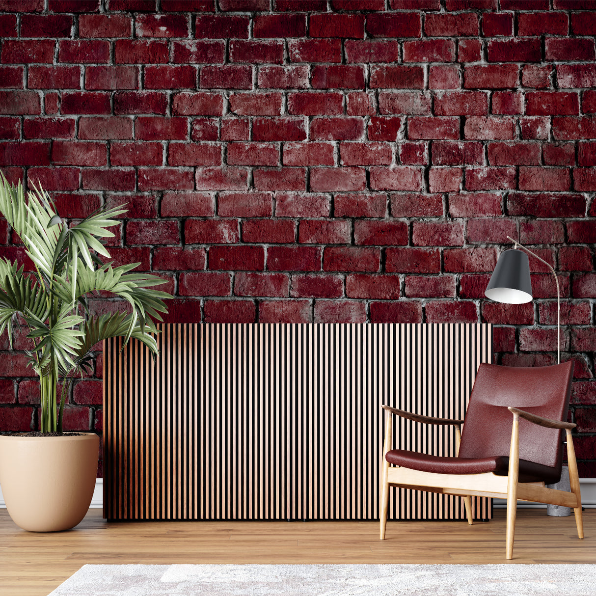 Red brick feature wall in home office setup