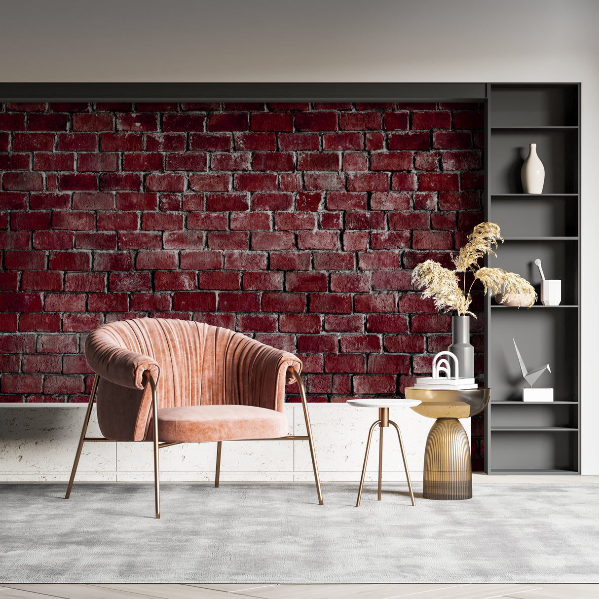 Industrial brick wallpaper creating accent wall in loft apartment