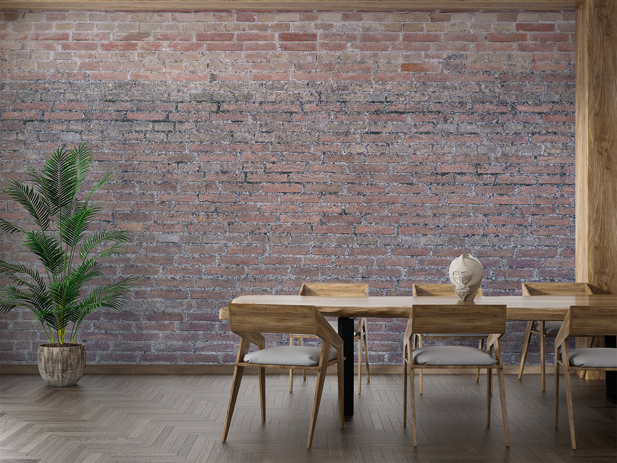 Rustic brick mural creating accent wall in urban dining space