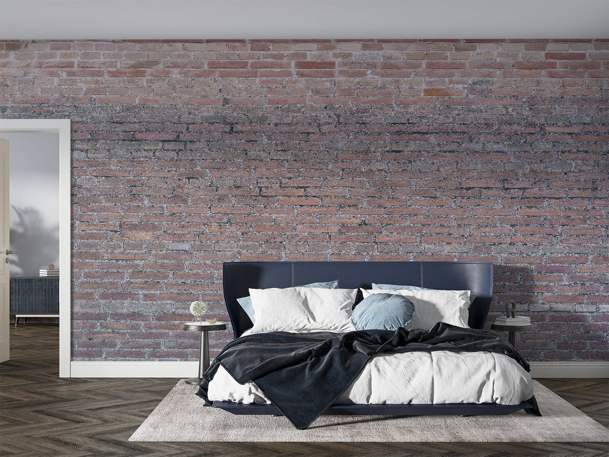 Brick mural application in contemporary kitchen with metal shelving