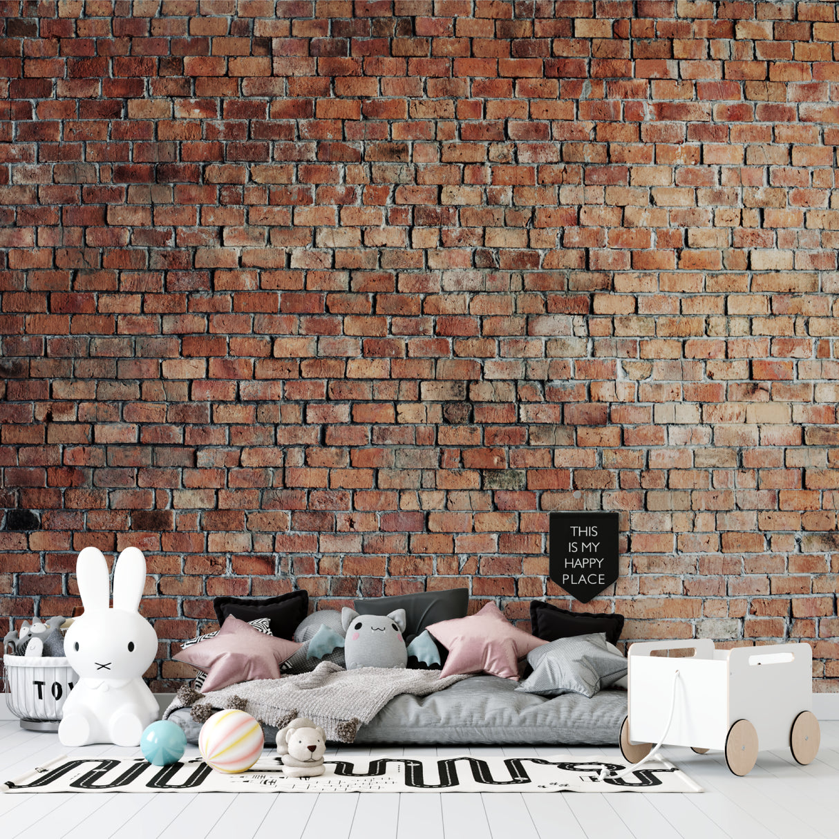 Industrial brick wallpaper transforming a home office with exposed brick feature wall