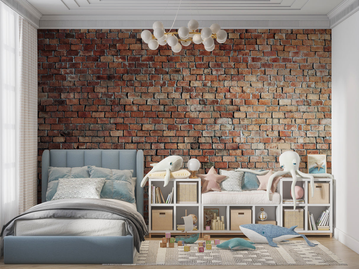 Industrial brick wallpaper adding character to a kitchen with stainless steel appliances