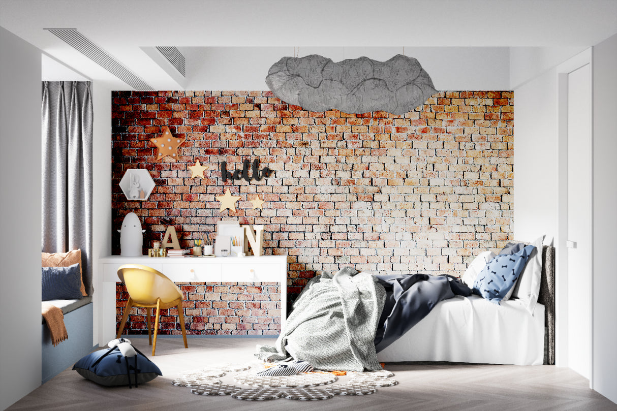Red brick wallpaper in modern living room showing industrial style and texture