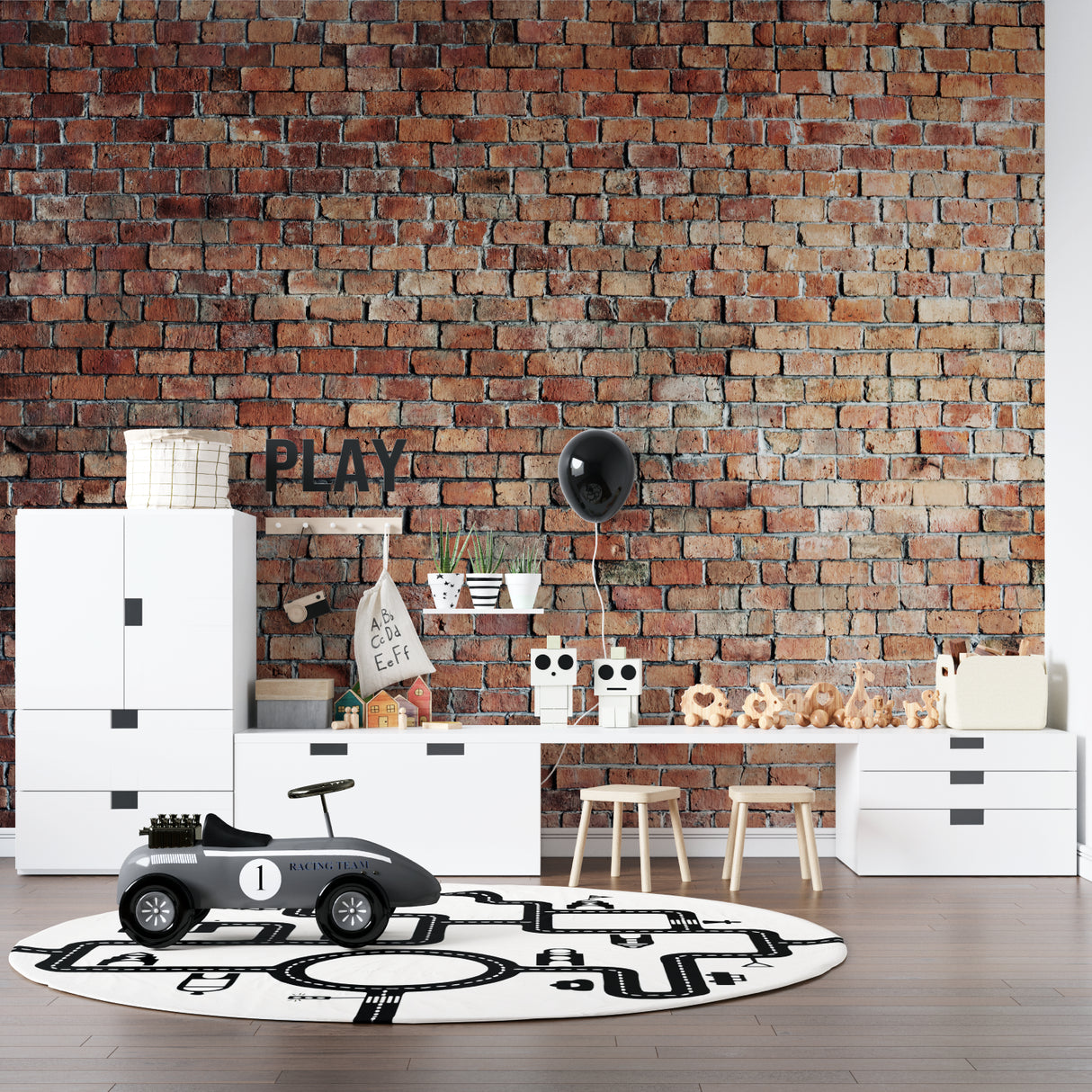 Industrial brick wall mural creating cozy atmosphere in bedroom